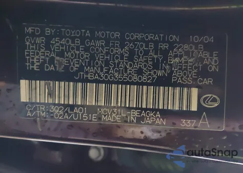 2005 Lexus Es 330 z USA, uszkodzony, nr VIN JTHBA30G355080827